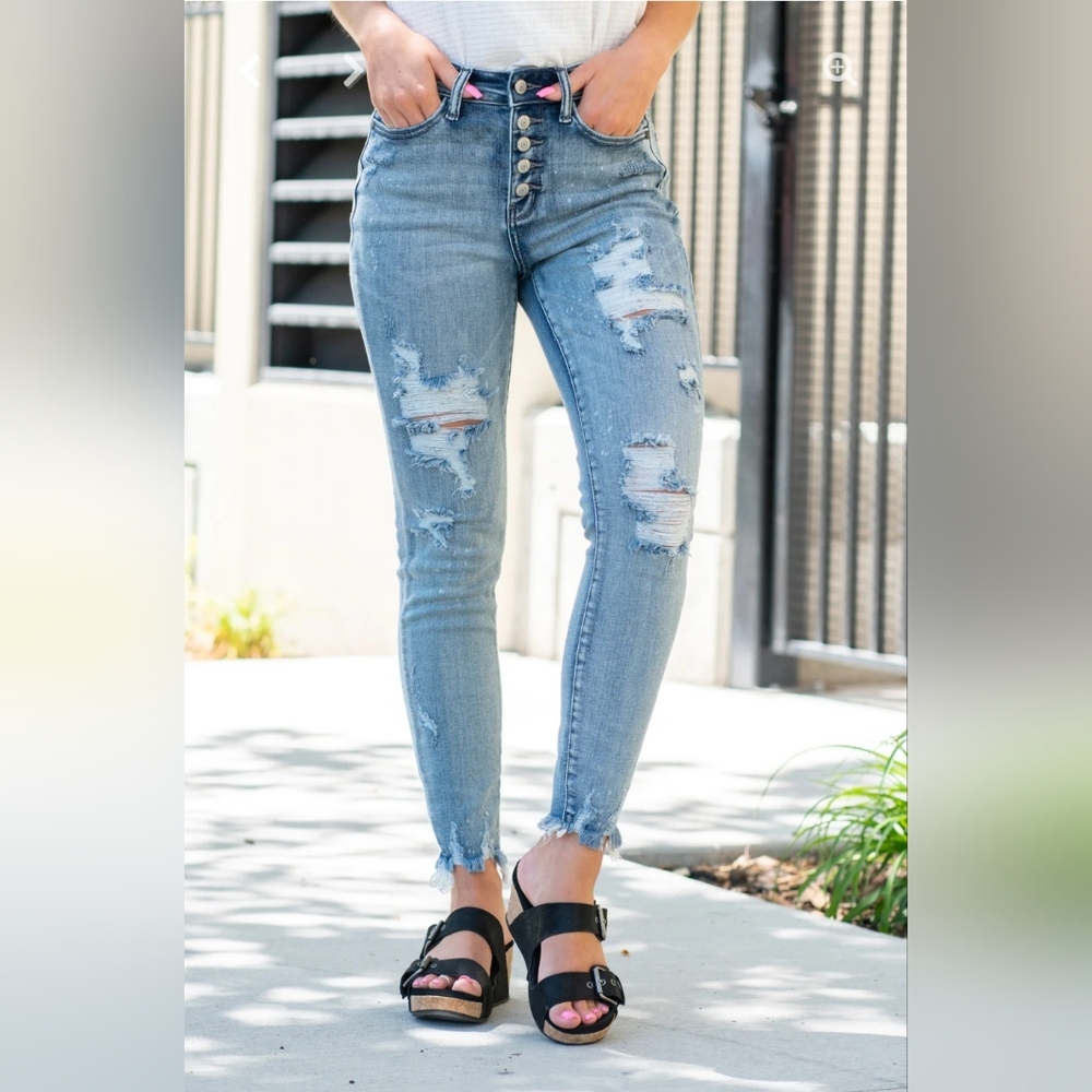 Judy Blue Bleach Splash Distressed High Rise Button Fly Skinny